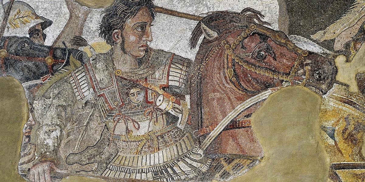 Classic mosaic of Alexander the Great astride a horse