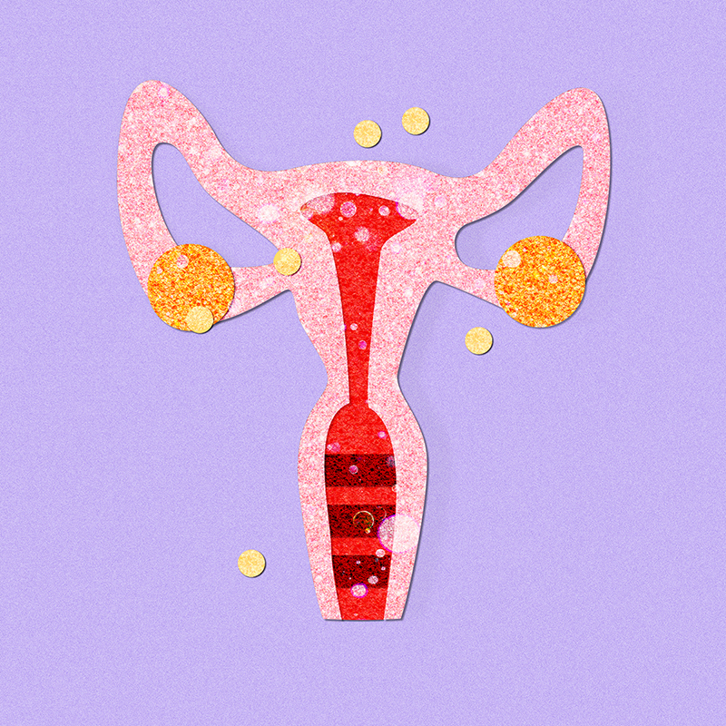 A stylized drawing of a uterus using bold bright colours.