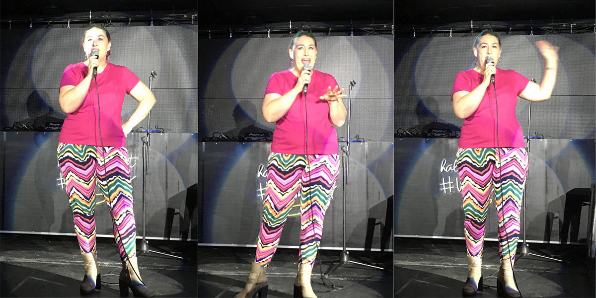 A triptych of Kelly Mac performing on stage. She is Caucasian and wears a pink top and colourful pants in an abstract print.