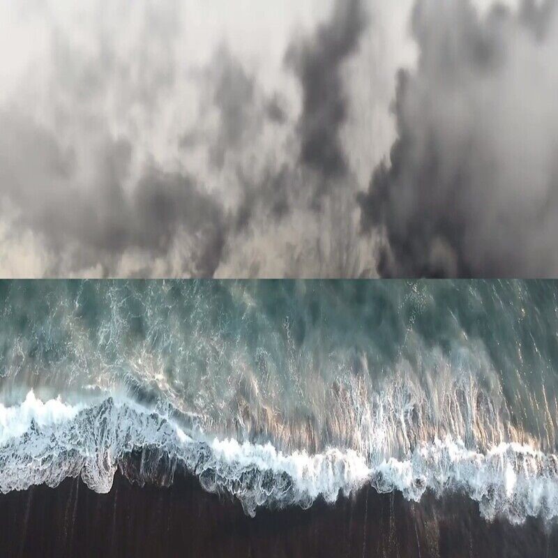 Electric Dreams: Anthropocene in C Major - Split image, top one showing dark clouds and bottom one showing the tide coming in