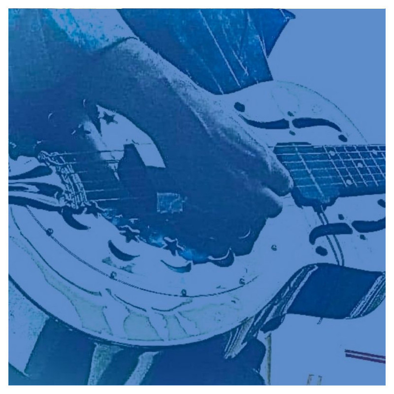 A close up of a metal dobro guitar typical in blues music being played, with a blue coloured filter