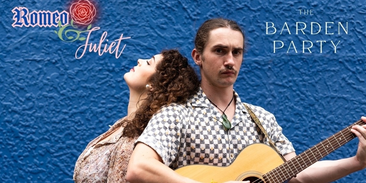 ROMEO & JULIET (FORMERLY SHAKESPEARE ROULETTE) - Two people in front of blue textured background. Standing back to back, one holding a guitar, the other eyes closed and relaxed.