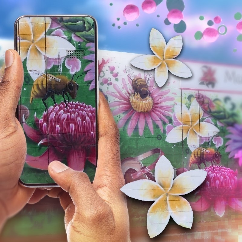 Augmented Reality Murals, Murray Bridge - two hands are shown holding up a smartphone with an image of a bee on a flower. Behind the phone there is a wall featuring a mural with bees and flowers.