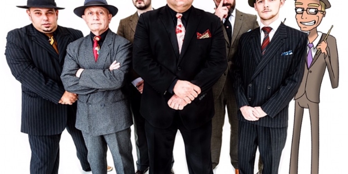 Seven musicians dressed in vintage suits, dress like gangster, the drummer is a cartoon character.