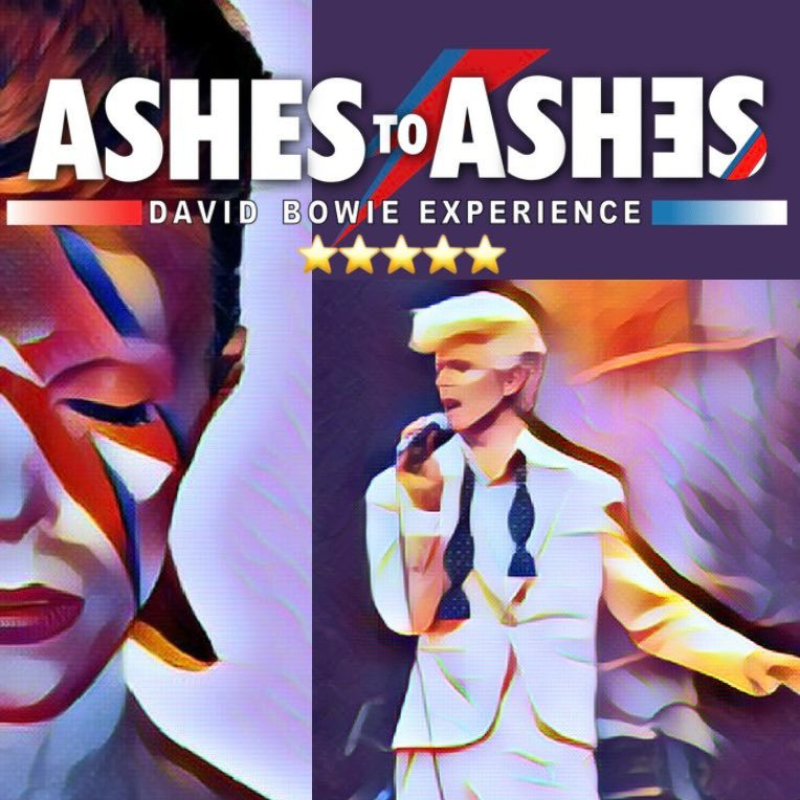 Tribute to David Bowie - Ashes To Ashes logo featuring an iconic image of Bowie's early 70's alter-ego character Aladdin Sane and Bowie's with popular 80's image complete with open neck bowie tie and blonde quiff.