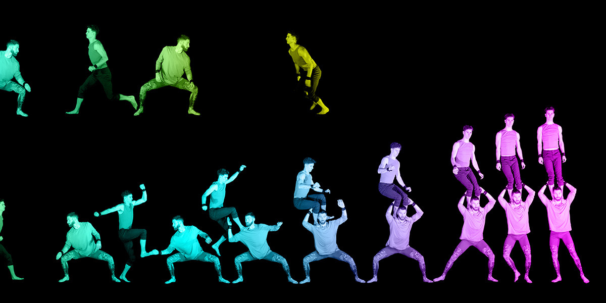 a line of circus performers, coloured in rainbow