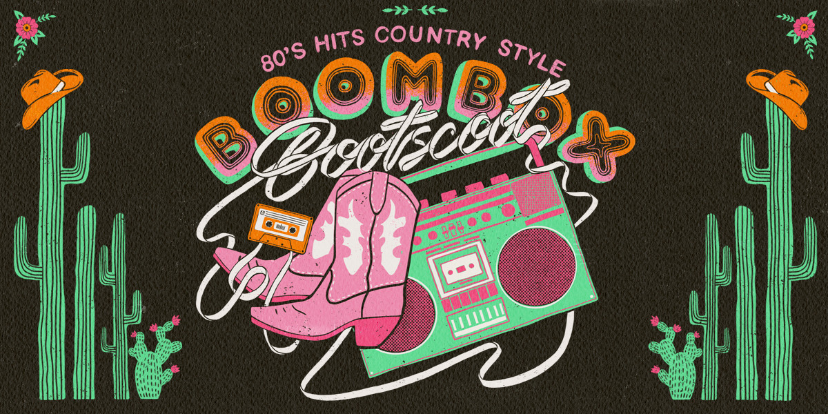 Boombox Bootscoot - Centre logo features a green 80s boombox and pink cowboy boots encircled by the white tape from an orange cassette which loops around to spell bootscoot in the title ‘Boombox Bootscoot’. Green cacti wearing cowboy hats feature on the sides and the tagline ‘80s hits country style’ features above the logo.