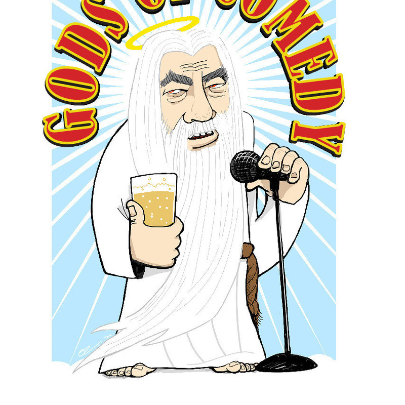 "Gods of Comedy" with Lindsay Webb & Wayne Deakin - Cartoon Drawing of God Holding a mic stand and a beer.