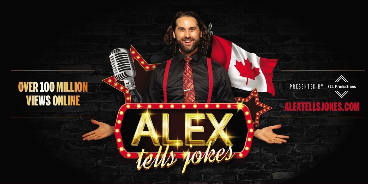 A picture of Comedian Alex Mackenzie with wearing red suspenders and a Canadian flag with his arms open with a caption that says Alex Tells Jokes