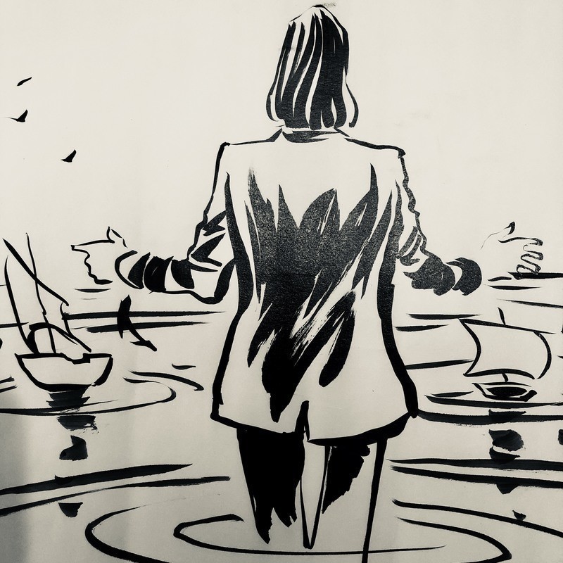 A black line drawing of a person’s back in the forefront of the image with two ships in the background.