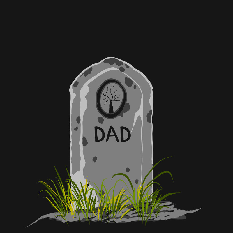 The D.D.C - A graphic illustration of a grey tombstone with the word ‘Dad’ written on it. The foot of the tombstone has green grass. The background of the image is black.