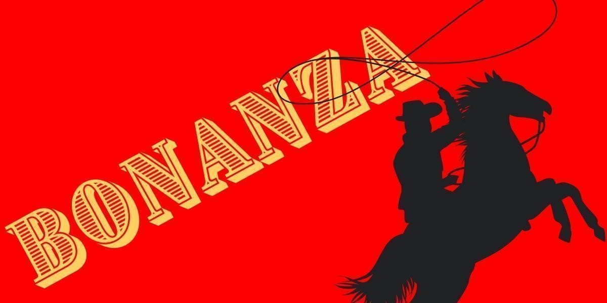Bonanza - Silhouette of a cowboy with lasso riding a horse. Yellow text on red background.
