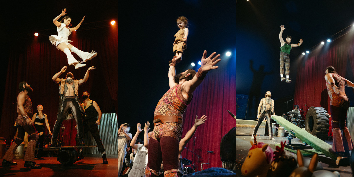 A compilation of photos of circus performers on stage