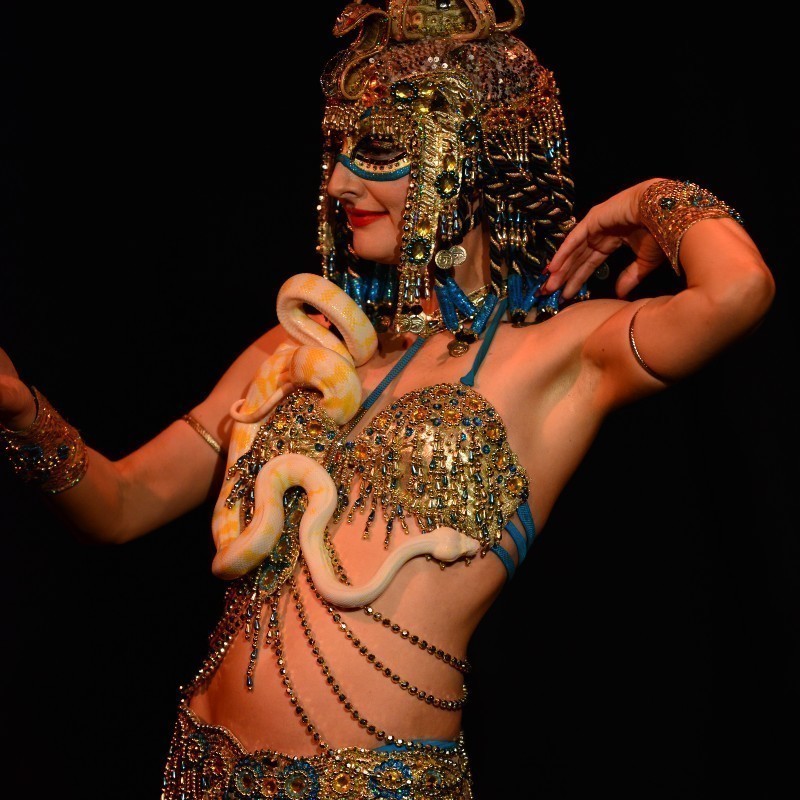 Egyptian dancer with white snake wrapped around her torso