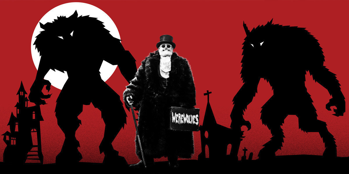 The Werewolves games master in top hat and fur coat leans on his walking cane against a red background with silhouettes of two huge werewolves either side of him and rickety old buildings in the distance.