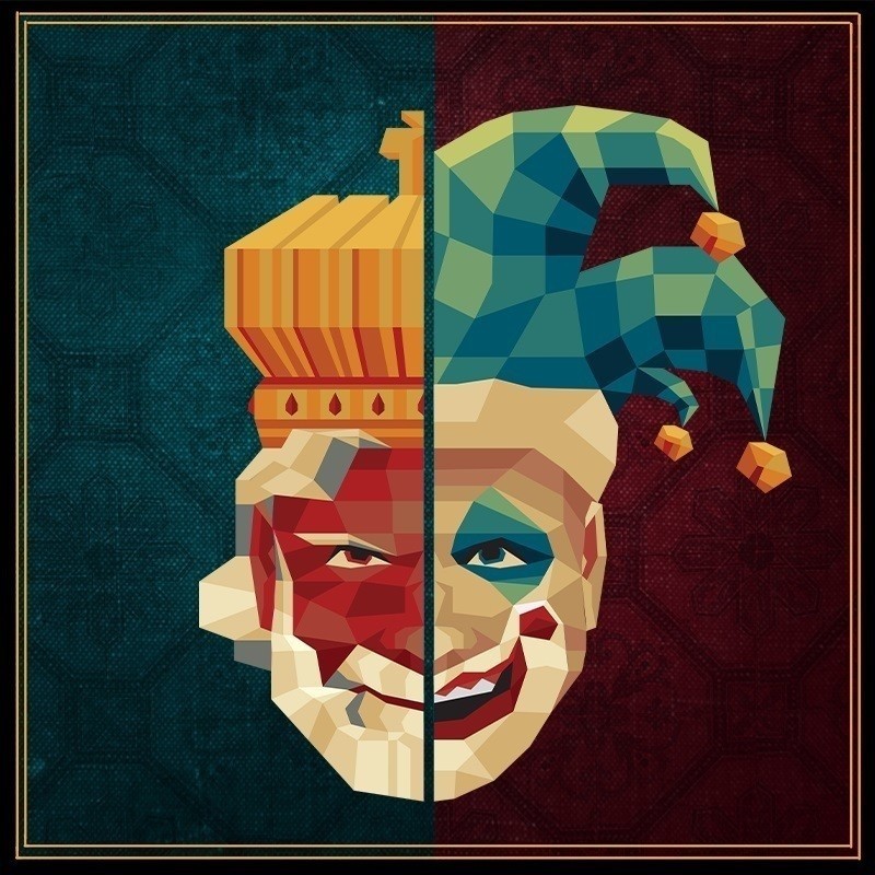 A face split in two on a background that is half dark red, half dark blue. On one side of the face is a king, the other is a jester. A double-lined thin gold border frames the image.