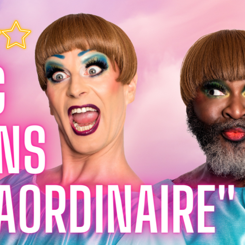Jonny Woo appears to be screeching a loud note while Le Gateau Chocolat gives him serious sassy side eye. They both wear matching ginger-bob wigs and green dresses appearing as two Maria Von Trapps from The Sound Of Music. Font reads: "Drag Queens Extraordinaire" Five Stars