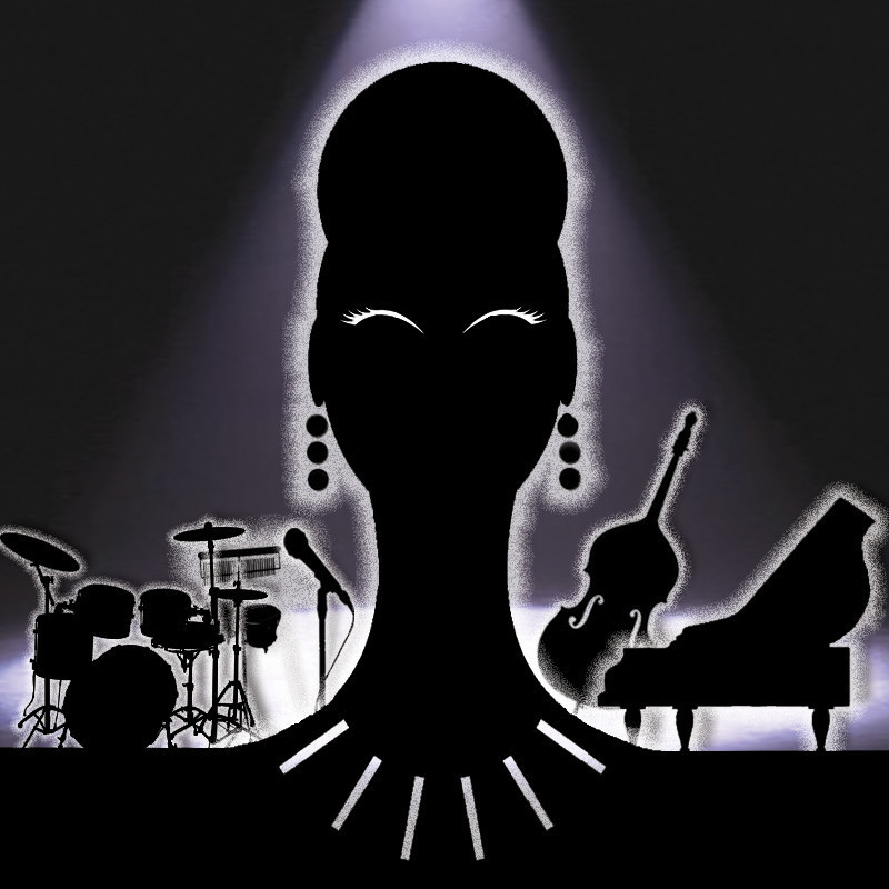 Image description: Black Silhouette's with filter of violet colour in parts. central spotlight with large central figure,  face on head and shoulders of Nina Simone, either side in bottom left of pic is silhouette of drums, bongos, chimes and microphone and bottom right is silhouette of double bass and grand piano.