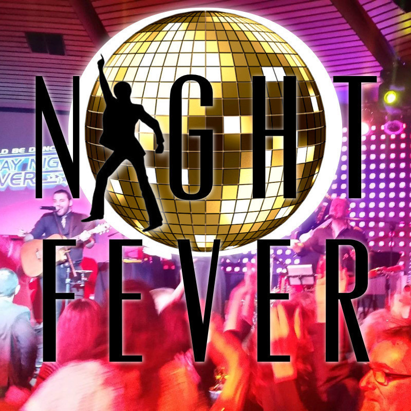 Night Fever - The Ultimate Bee Gees Tribute - An image of a band performing on stage in front of an audience. There is an image of a gold disco ball on top of the image and the text ‘Night Fever’ written in black font. There is an outline of a person dancing to replace the letter ‘I’ in ‘Night’.