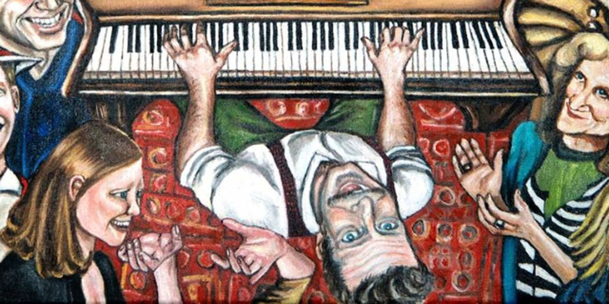 An oil painting birdseye view of Mister Meredith in white shirt and braces (or suspenders) playing a pub piano and looking up smiling. He is surrounded by singing customers shown in contrasting face on perspective.