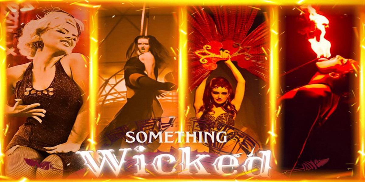 Something Wicked - A Bewitching Burlesque - From Left, Tommy James Green the ferryman posed whist hosting the show, Porcelain Alice holding large pheasent feather fans, Shaunah Johnson flying through the air on her lyra and Miss Eli Fury eating a fire wand.