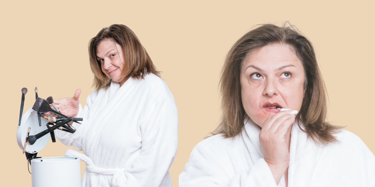 A woman in a bathrobe is wiping off her makeup on the right. To the left, the same woman dumps makeup and wipes into a bin.