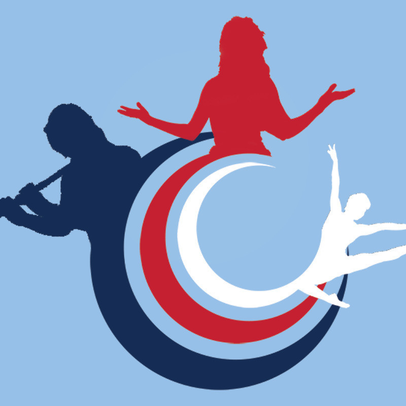 Image of logo depicting silhouettes of a flautist, a female actor and a dancer against three concentric C's which form the school logo for Charles Campbell College