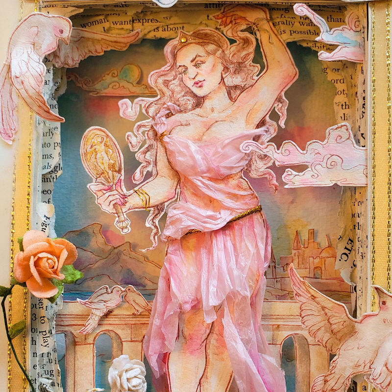 A hand painted depiction of Gillian English as Helen of Troy