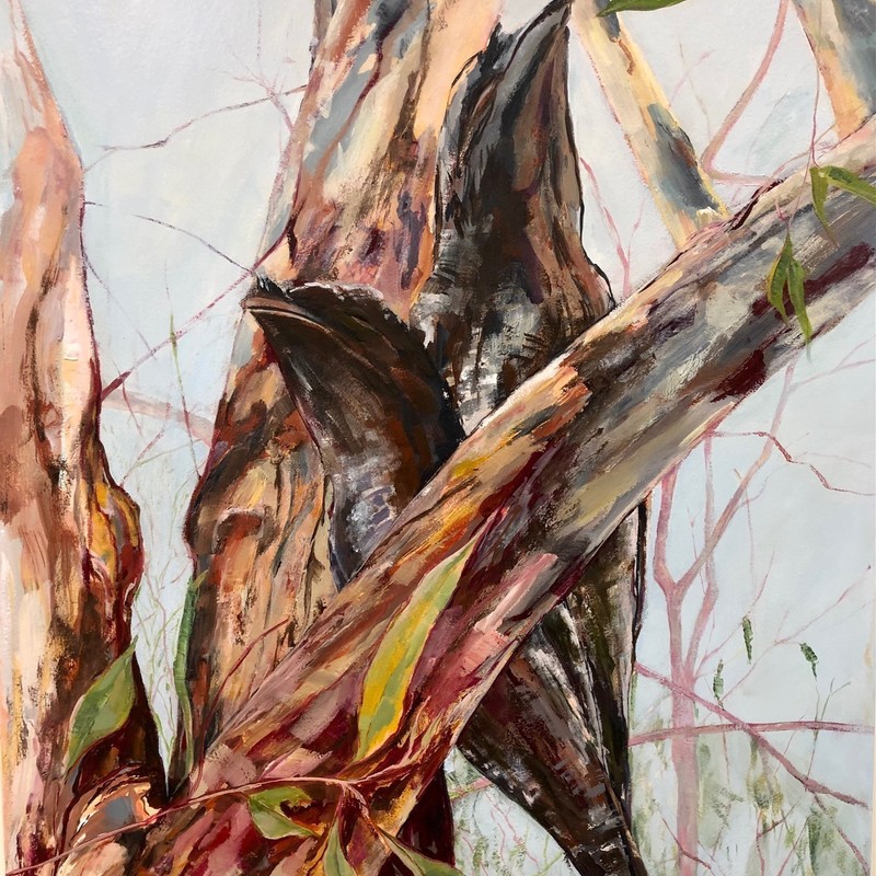 A painting of two birds sitting in the fork of a tree.