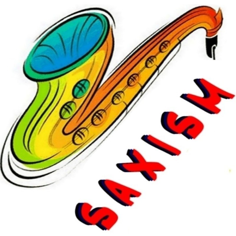 A graphic image of a saxophone with the word ‘Saxism’ written diagonally across the image in red font. The saxophone is yellow and also has blue and green colours throughout. The background is plain white.