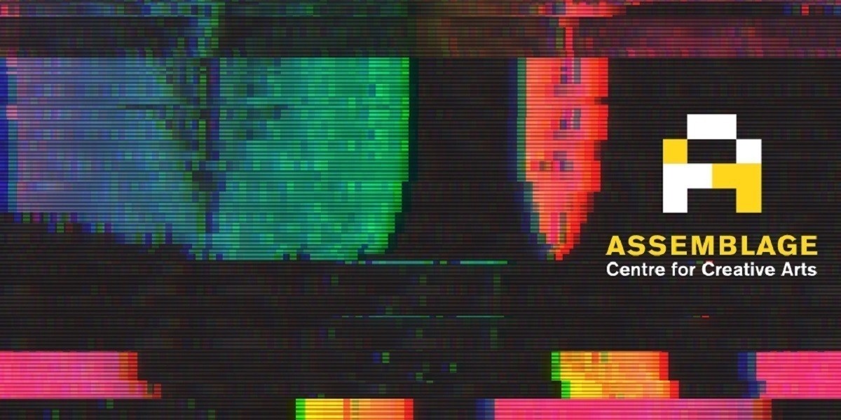 Assemblage's Night of Creative Readings - using brightly coloured glitch art on a dark background, this banner image shows the Assemblage logo of a yellow and white A with the words Assemblage Centre for Creative Arts