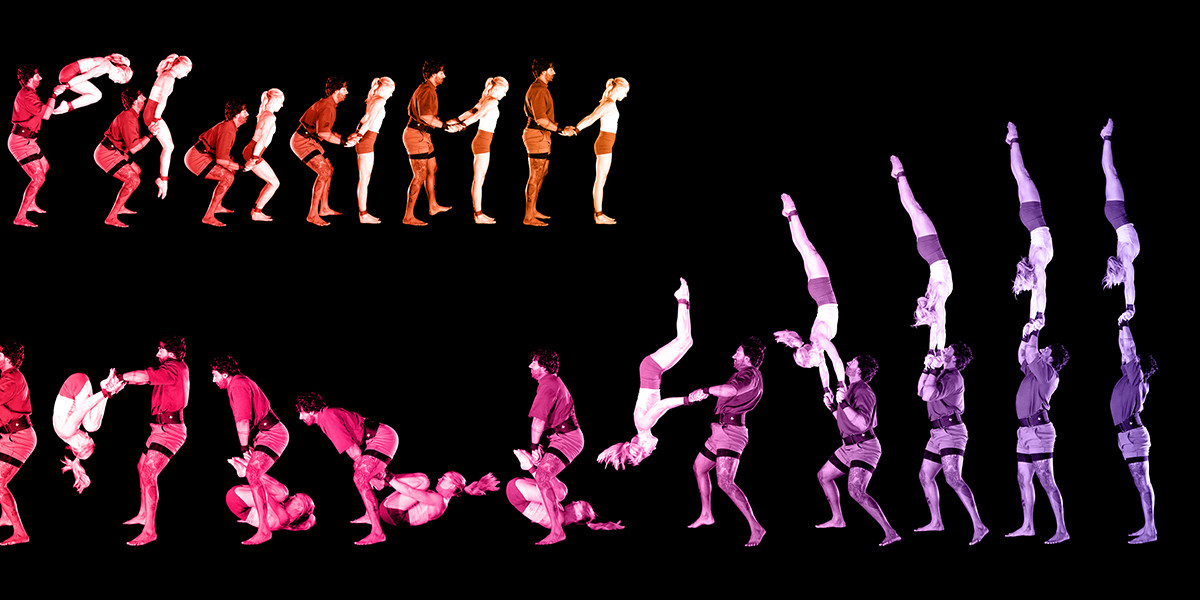 a line of circus performers, coloured in rainbow