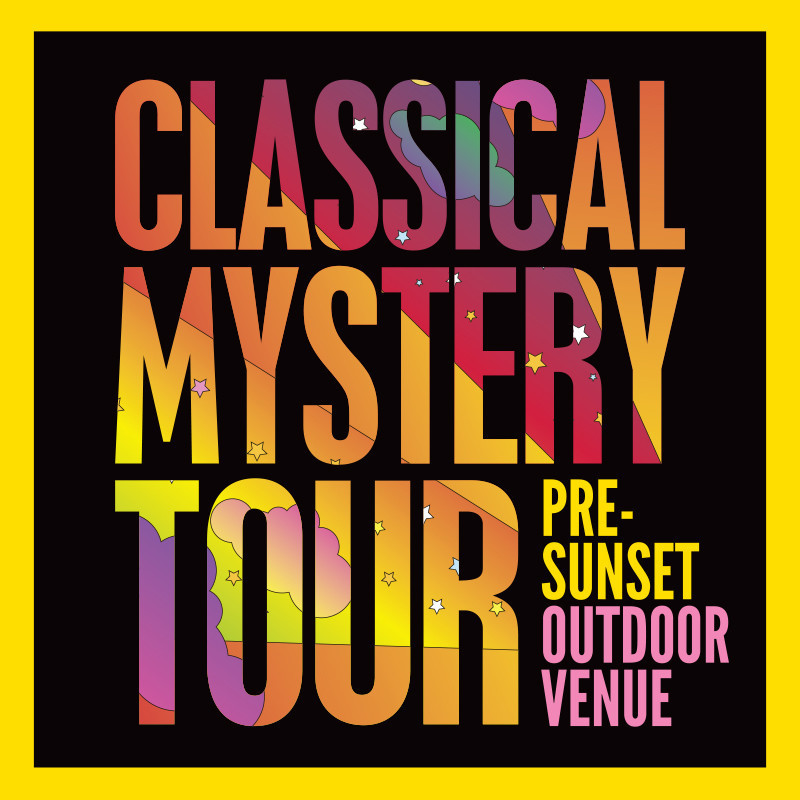 Multi-coloured psychedelic lettering of show title - Classical Mystery Tour pre-sunset outdoor seated venue.