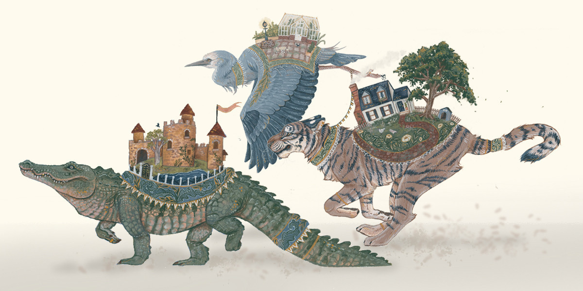 Three mythical looking animals run across a simple cream background with specks of dust stirring up behind them. At the front is a crocodile with a stone castle growing on its back. In the centre, a heron bird flies above the others with a greenhouse attached to its back. Lastly, they are followed up by a tiger with a cottage on its back and a large tree trailing leaves behind them. The animals each are adorned with little details like golden jewellery and ornate scrollwork.
