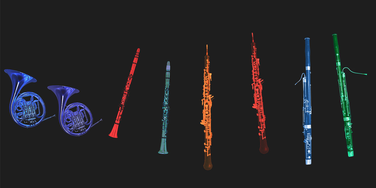 Sunday Serenade - Coloured woodwind instruments on a black background: green French horn, red clarinet, orange oboe, blue bassoon.