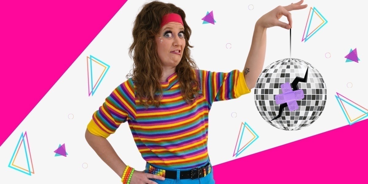 A person in a rainbow shirt and blue pants holds a disco ball which is cracked and repaired with bandaids. The background is pink and white and the person has a comically concerned look on their face.