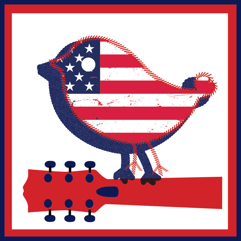 A History of American Folk - A graphic image of a small bird standing on the neck of a guitar. The bird has the American flag designed on it. The entire image has a red, blue and white colour scheme.