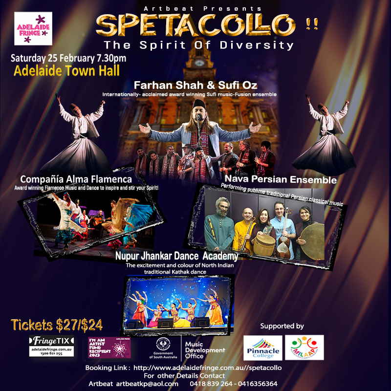 A poster for Spectacollo, with images of artists performing.