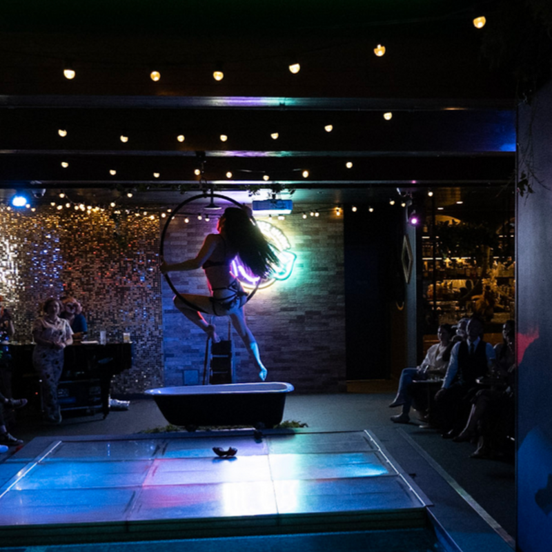 Performer in an aerial lyra inside the Nineteen Venue, with a silhouette shadow on the wall