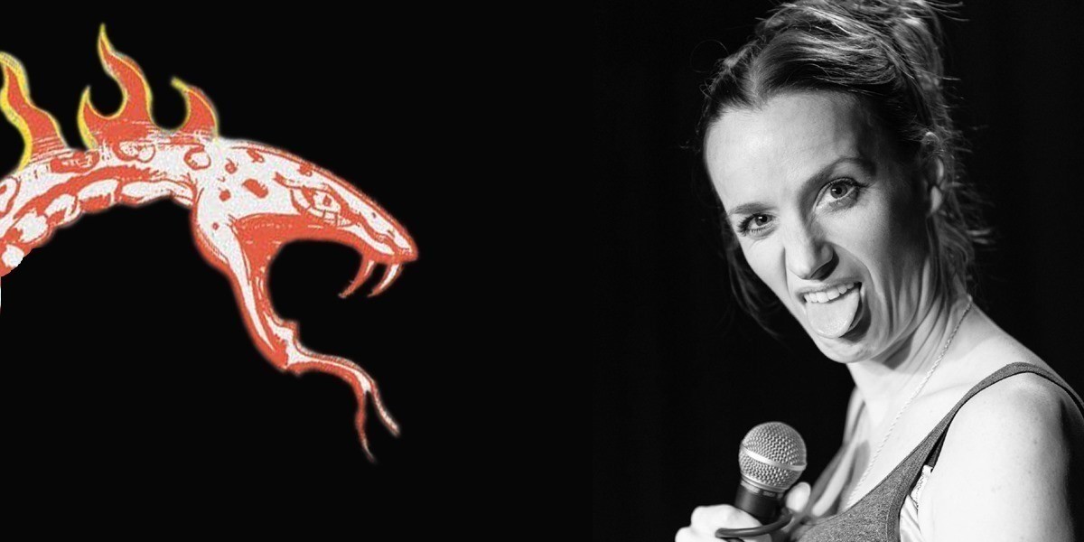 Kate Smurthwaite holds an microphone and sticks her tongue out in black and white with a hand-drawn snake to the left of the image.
