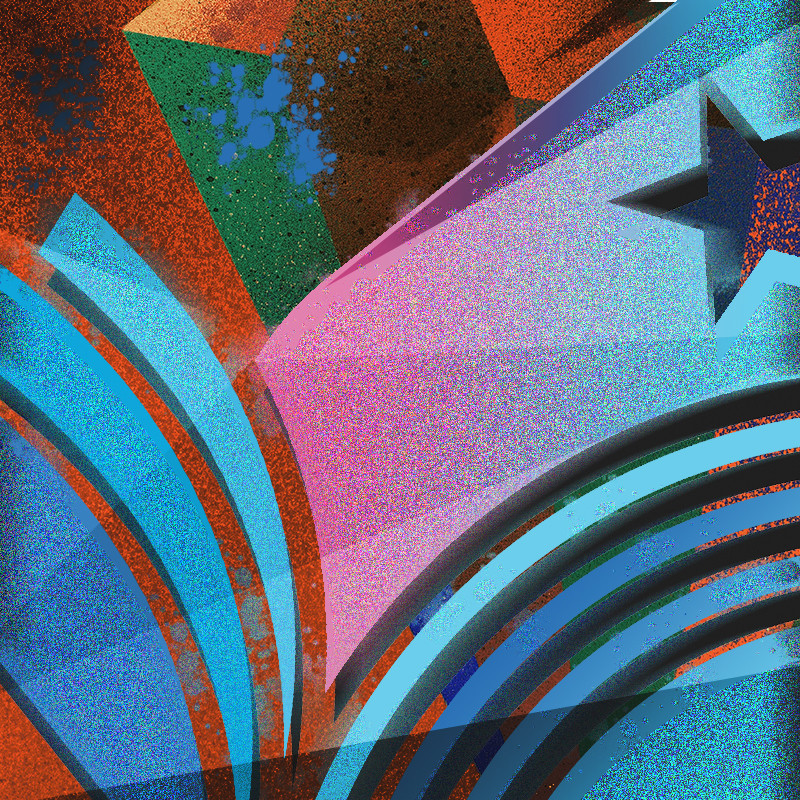 Fringe@Reynella East College - A bright abstract digital painting, with arches and curves and a single star. The colours are blue, pink, orange and green,