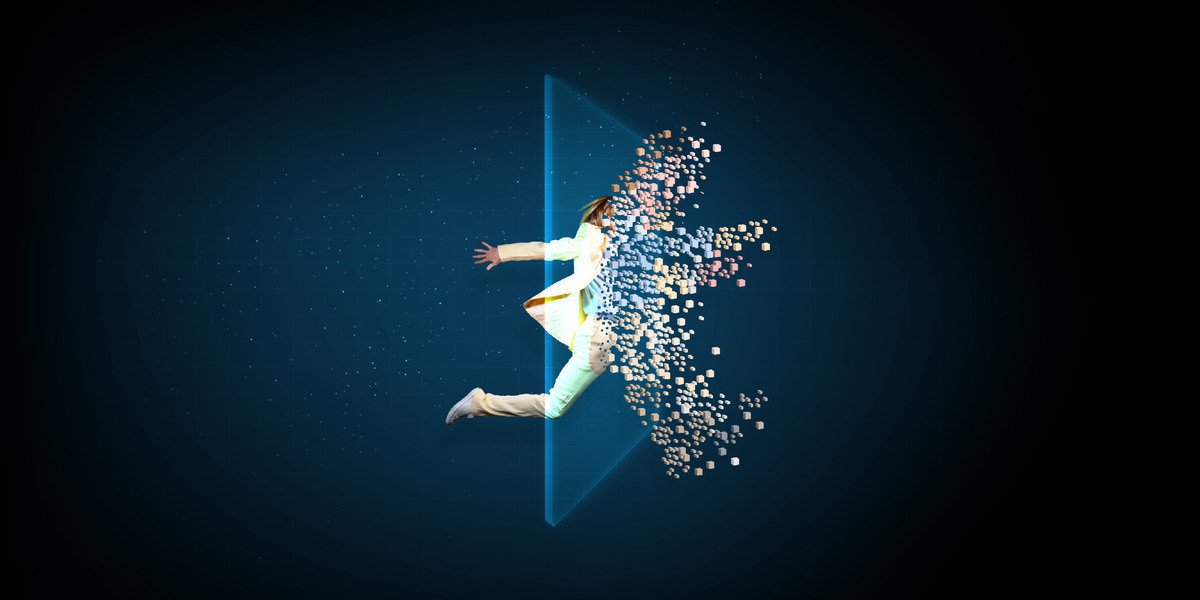 In the centre of the image a person wearing a cream suit runs through a screen and breaks into digital fragments. the background is navy blue with small white stars.