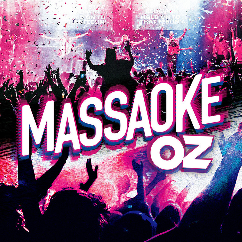 A stylised, composite image overlayed with the text "MASSAOKE OZ". The top half of the image features a photo of 5 musicians, standing with arms elevated mid-clap, on a festival stage. In front of them is a large crowd of people many with their arms in the air, some holding phones aloft, one person appears (in silhouette) to be on someone's shoulders. There is large confetti falling on the crowd. Behind the musicians on stage are two large video screens reading "Don't stop believing Hold on to that feeling". The bottom half is a heavily saturated photo that appear to be taken as though the viewer is in a crowd at a rock concert. There are silhouettes of heads and arms with strong lights behind them. The entire image is saturated, and the colour levels are effected to feature predominantly hot pink, blue and white. There is a grainy quality to the background images, in comparison the overlay text is crisp.