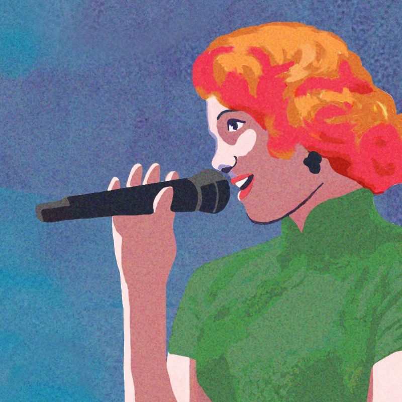 A cartoon image of a vintage styled red haired vocalist singing into a microphone against a blue background