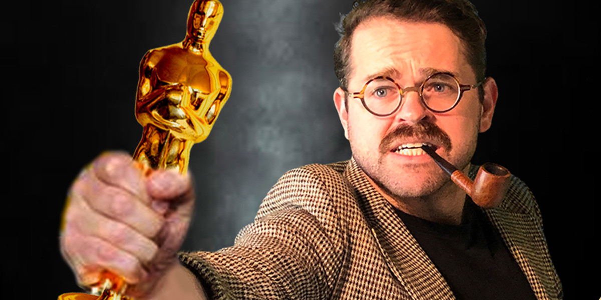 Oscar-Winning Improv - An actor, with a pipe and a script, thrusting an Academy Award statue towards the camera with great gravitas.