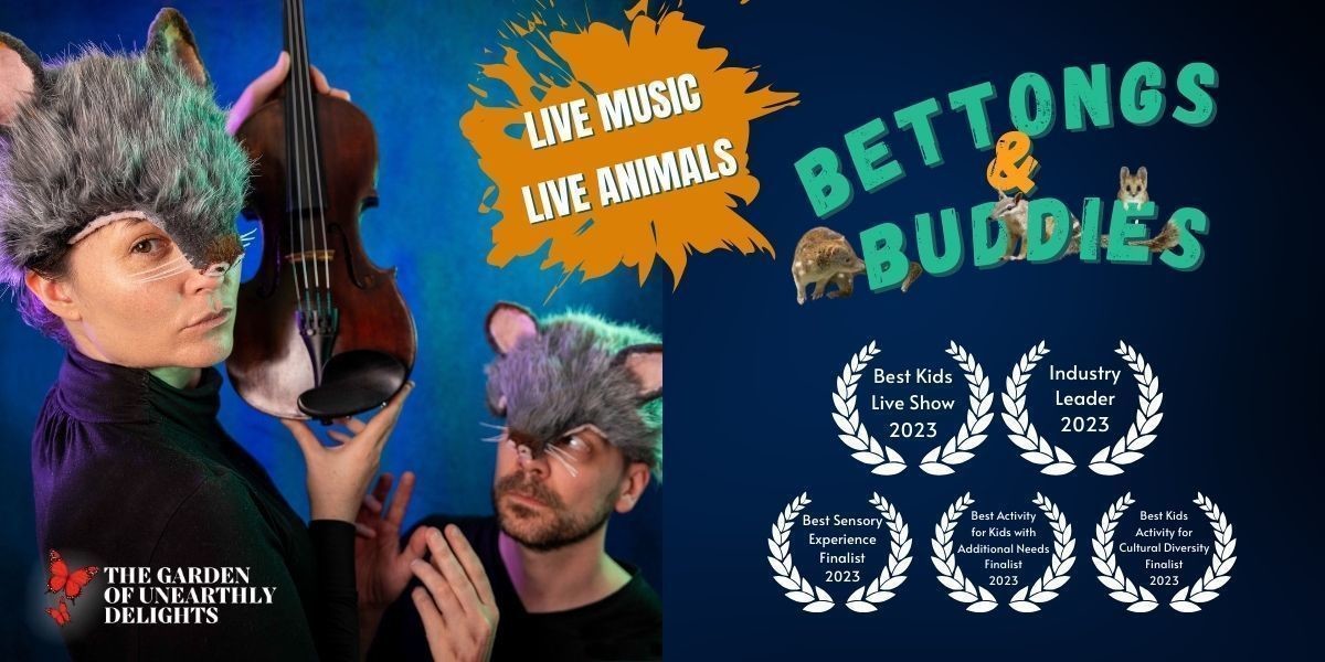 SA & NT What's on 4 Kids "Best Kids Live Show" award winning play of 'Bettongs & Buddies' starring Rufous, a young Bettong, male actor Curtis Shipley, and other Australian bush animals like a Quoll, Gigi Pinwill. 
Join young bettong, Rufous, a wannabe violinist, on his hilarious journey through the bush where he encounters other native animals who teach him, and the audience, what it means to be a critical member of his ecosystem. Each new animal friend Rufous meets on his adventure gives him a gift which, when put together at the end of the show, forms one very special surprise that will strike a chord!