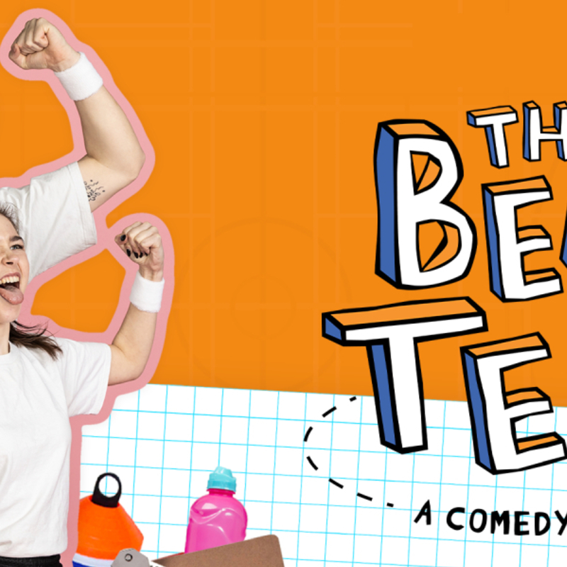 A title of 'The Beep Test,' in cartoonish block letters sits on the right hand side of this banner. Within the text the P has been drawn to resemble a whistle. Underneath the cartoonish title are the words 'a comedy musical in black.' Balancing the space on the opposite side is the image of a caucasian young woman in front of a caucasian young man. Both of these people are holding their fists high in the air in a pose of triumph and celebration. The are surrounded by a pink border around then. Behind this image and the title is an orange background with a faded basketball court markup on it. At the lower half are collaged images of criss-cross markup paper, scrawled-scribbled pencil text, and the pasted image of a brown clipboard, black whistle, pink water-bottle and green milo tin.