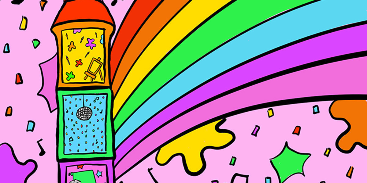 Werk Room - A cartoon drawing of Carclews tower, with an widow into each level and an arts activity happening within. There is a rainbow protruding from the tower, the background is pink, covered in bright coloured confetti, stars and musical notes. The image has a rainbow of bright colours - yellow, green, blue, pink & purple.