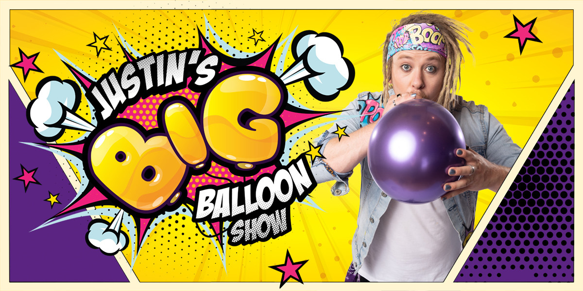 Logo of "Justins' BIG Balloon Show" next to Justin blowing up a purple round balloon.