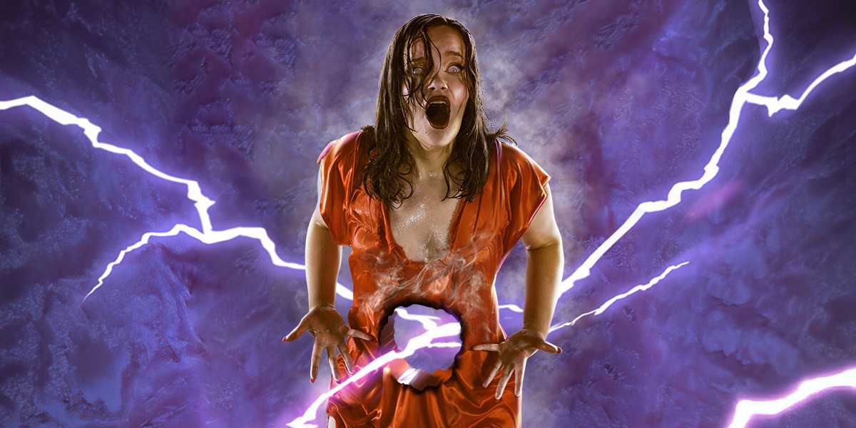 Alice Tovey standing there with a hole being ripped through her stomach by a lightning bolt, with a purple background